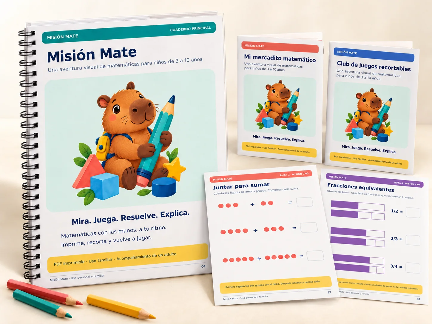 Kit Misión Mate: cuaderno principal, bonos Mi mercadito matemático y Club de juegos recortables, y páginas de actividades