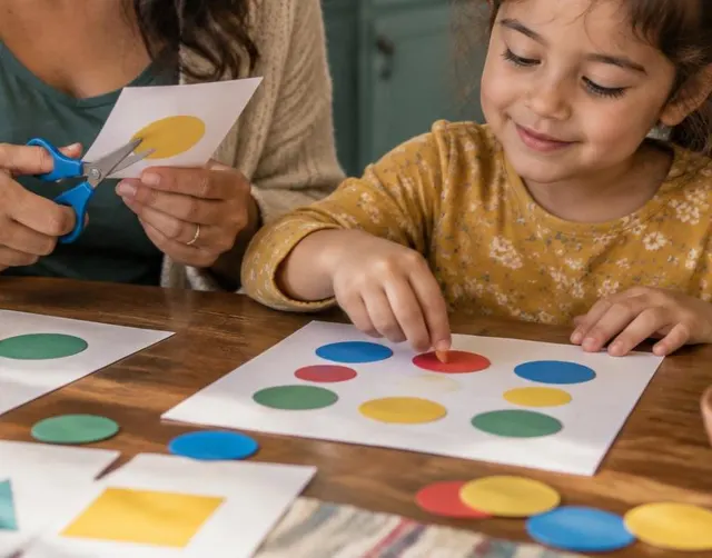 Detalle de la escena ilustrativa: fichas de colores sobre una hoja