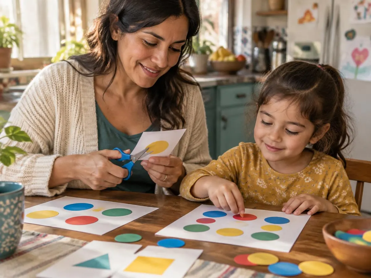 Escena ilustrativa de práctica en casa: una madre recorta una ficha mientras su hija coloca fichas de colores sobre una hoja